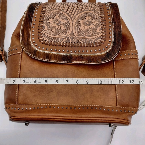 Trinity Ranch Backpack Purse Bag Brown Western Tooled Leather Hyde Hair Rodeo - Picture 6 of 11